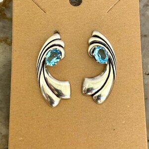 Signed Ted Ott Sterling Silver 925 1.35" Prong Set Oval Blue Glass Swag Earrings